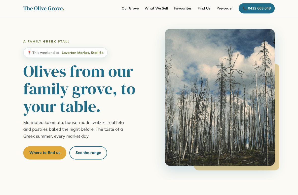 Sample website for The Olive Grove market stall